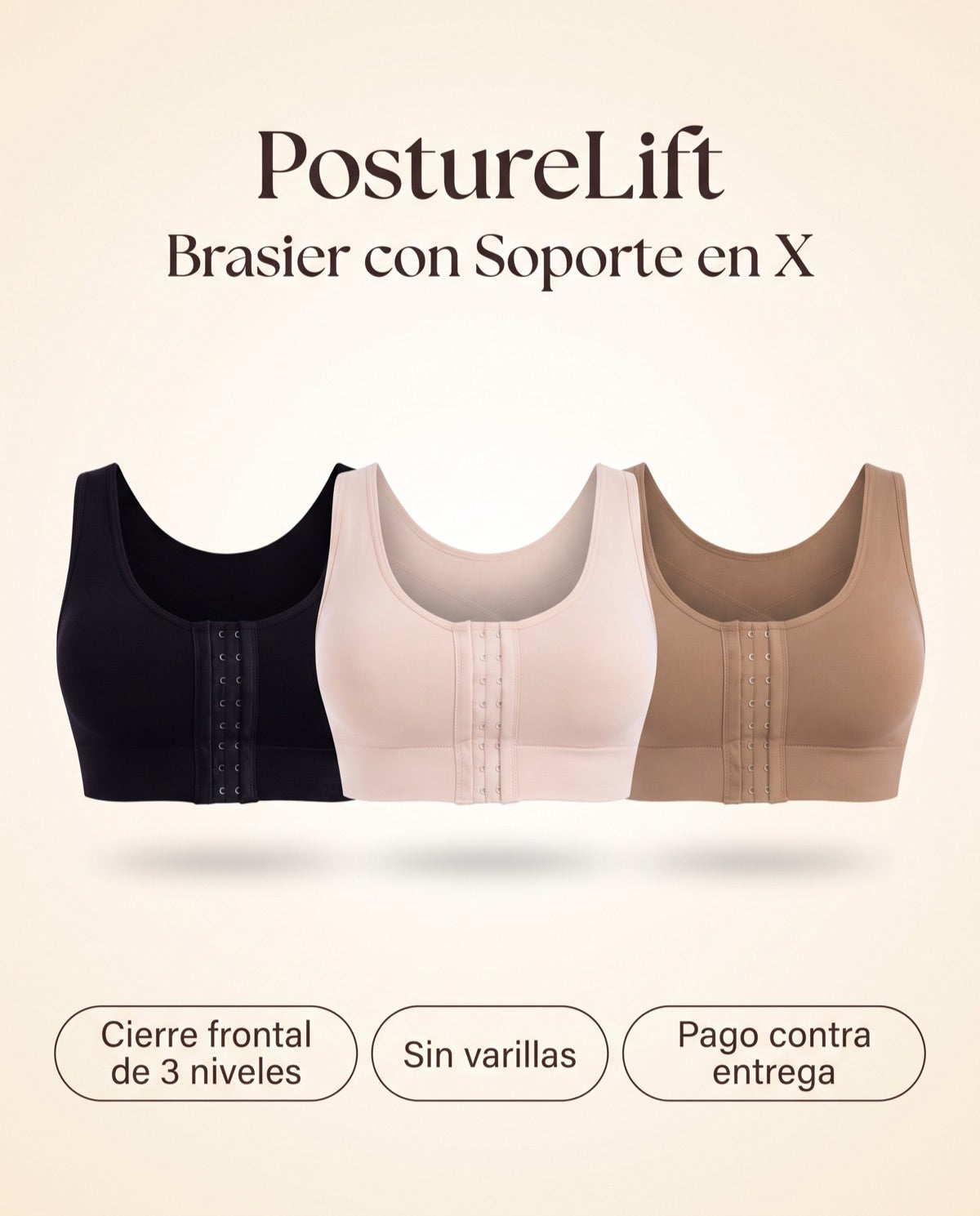 PostureLift, brasier con Soporte en X en negro, beige y cocoa