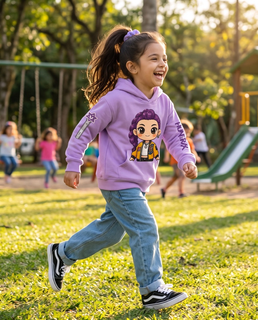 Niña corriendo en el parque con el buzo capota Rumi lila