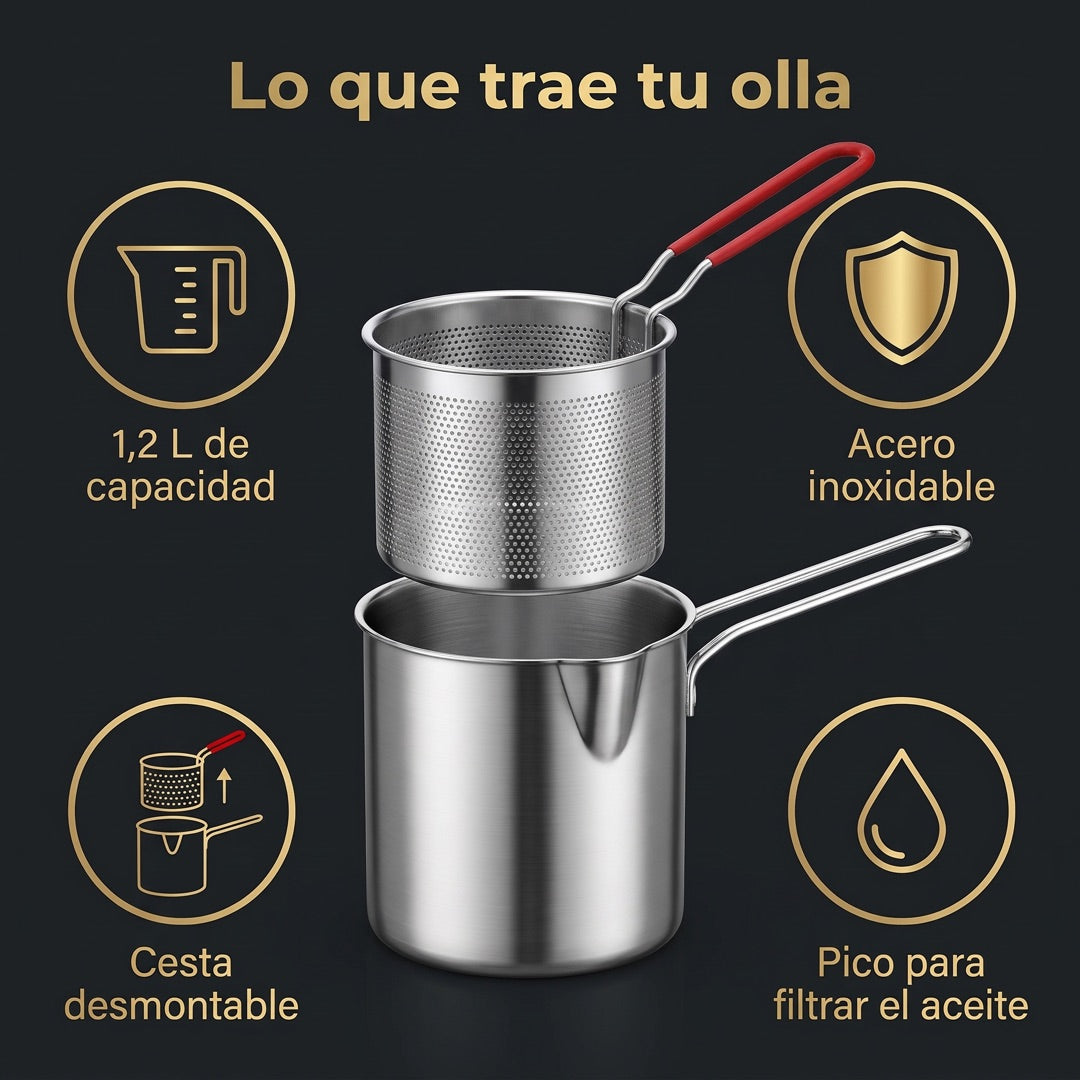 Lo que trae la olla: 1,2 L, acero inoxidable, cesta desmontable y pico