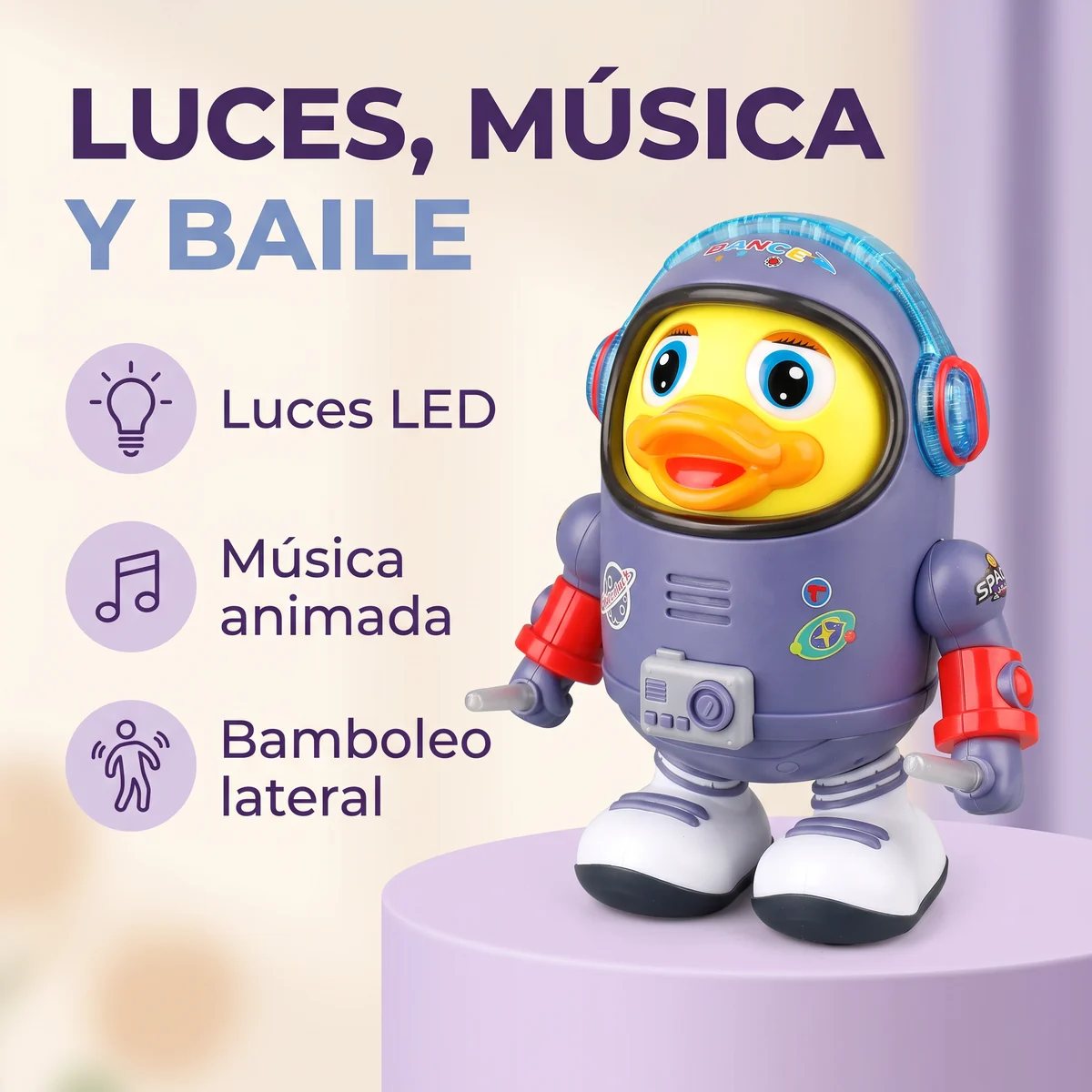 Astro-Pato Bailarín con luces LED, música animada y bamboleo lateral