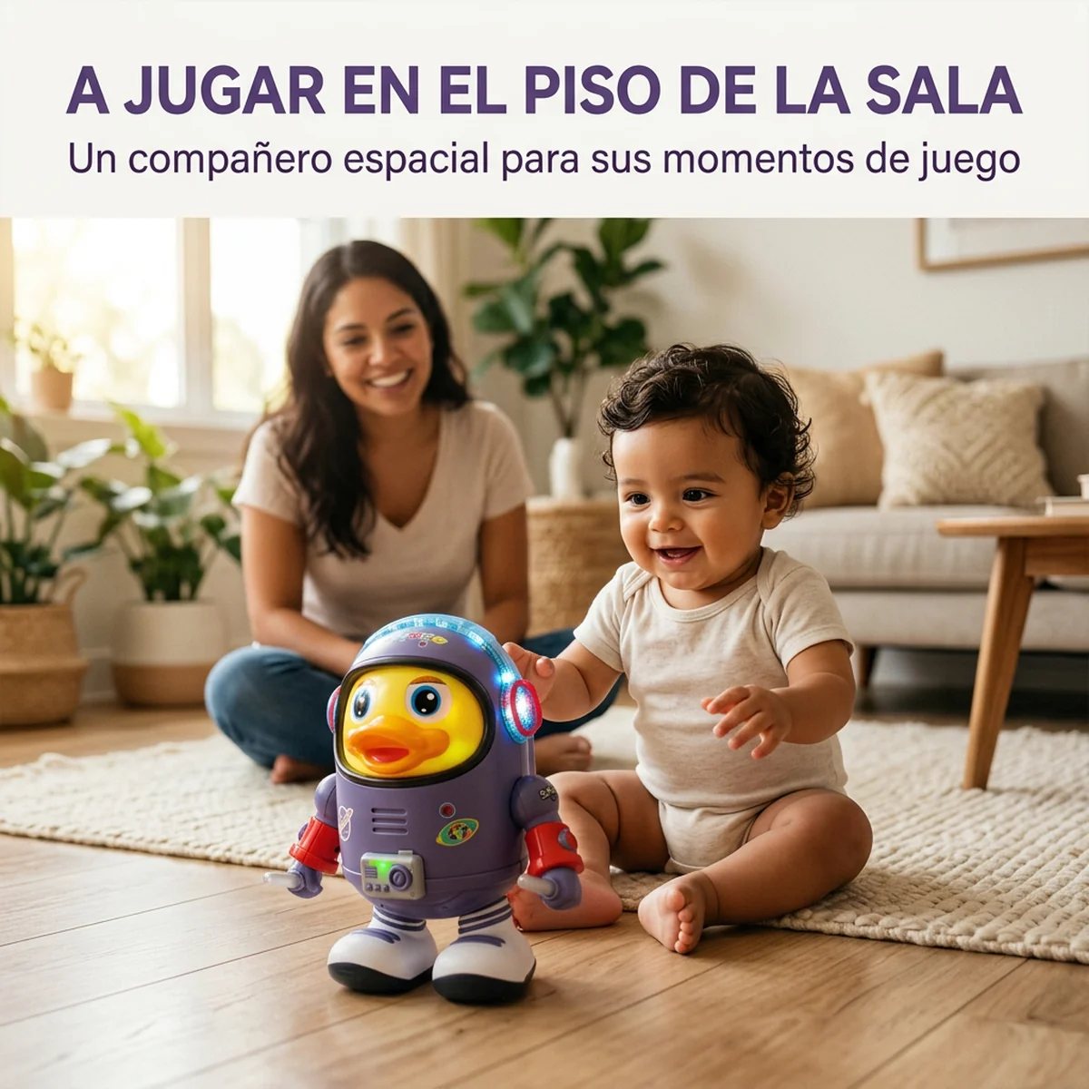 Bebé mirando al Astro-Pato Bailarín en el piso de la sala