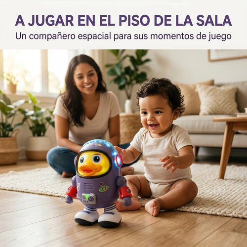 Bebé mirando al Astro-Pato Bailarín en el piso de la sala