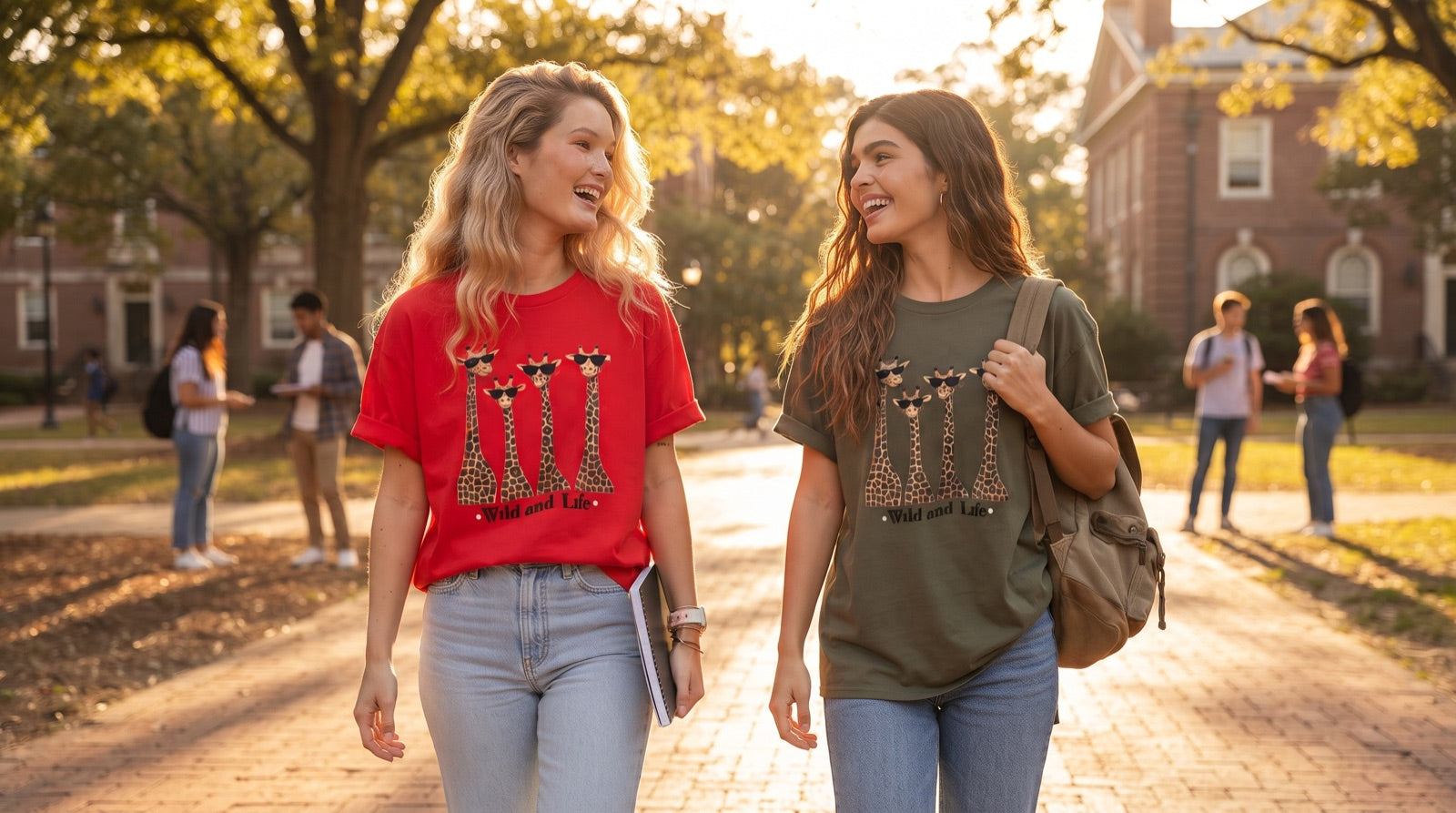 Dos amigas caminando por la universidad con el blusón jirafa en rojo y verde militar