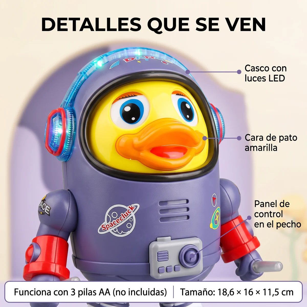 Detalle del Astro-Pato Bailarín: casco con luces LED, cara de pato amarilla y panel de control; funciona con 3 pilas AA no incluidas; 18,6 por 16 por 11,5 cm