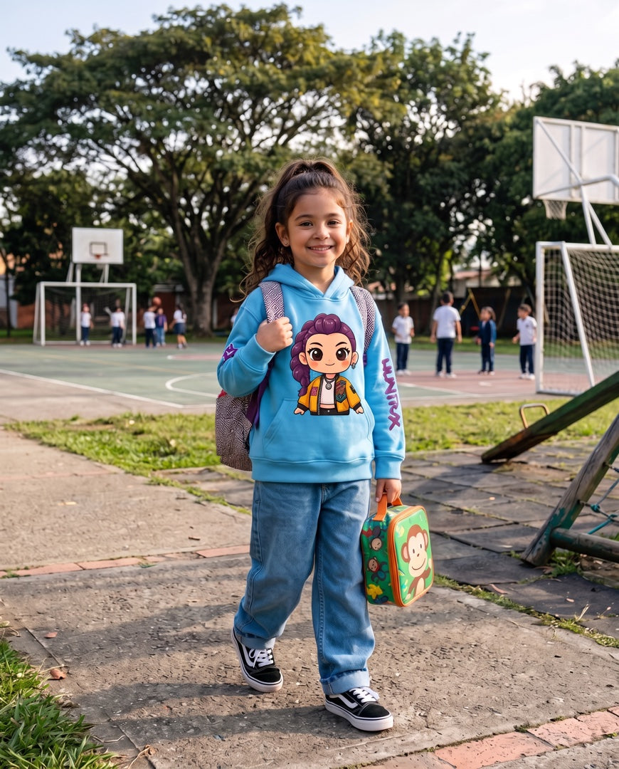 Niña saliendo al recreo con el buzo capota Rumi azul celeste